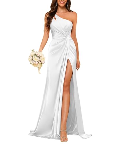 HUINI Damen Satin Brautjungfernkleid für Hochzeit EIN-Schulter Formal Abendkleid mit Schlitz Weiß 48 von HUINI