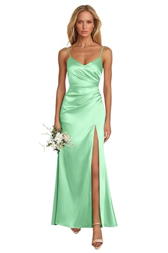 HUINI Damen Satin Brautjungfernkleid für Hochzeit Meerjungfrau Lang Abendkleid mit Schlitz Mintgrün 34 von HUINI