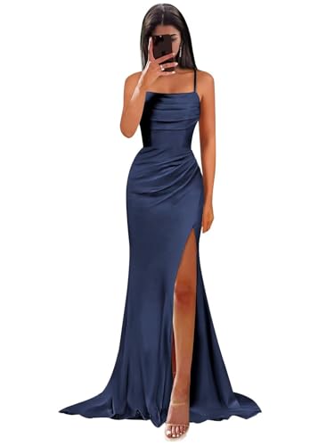 HUINI Damen Satin Brautjungfernkleider Lang Spaghettiträger Schlicht Hochzeitsgäste Kleid Navy 42 von HUINI