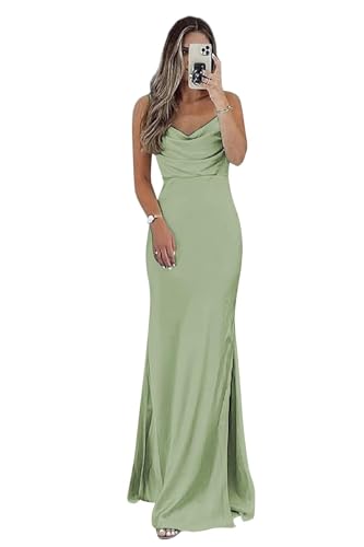 HUINI Damen Satin Brautjungfernkleider Meerjungfrau Lang Formal Hochzeitsgast Kleid mit Schlitz Hell Salbei 36 von HUINI