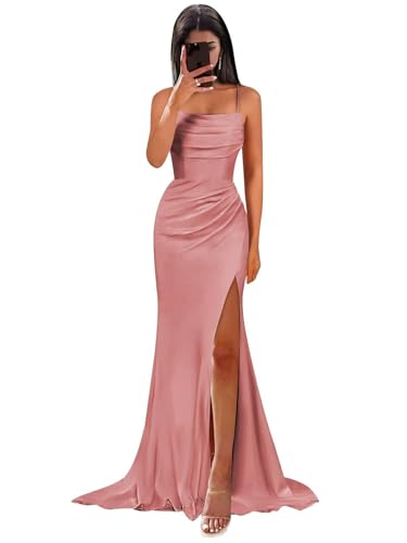 HUINI Damen Satin Brautjungfernkleider Meerjungfrau Spaghettiträger Abendkleid mit Schlitz Altrosa 46 von HUINI