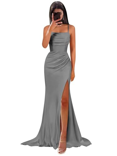 HUINI Damen Satin Brautjungfernkleider Meerjungfrau Spaghettiträger Abendkleid mit Schlitz Stahlgrau 32 von HUINI