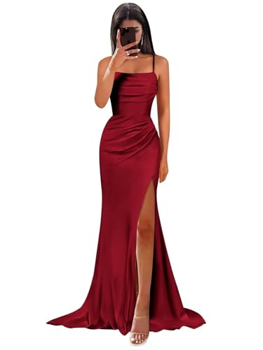 HUINI Damen Satin Brautjungfernkleider Meerjungfrau Spaghettiträger Abendkleid mit Schlitz Weinrot 32 von HUINI