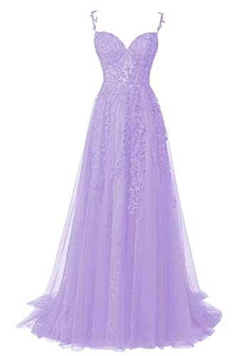 HUINI Damen Spitzen Ballkleider Lang Spaghettiträger Abendparty Kleid für Damen Schlitz Prinzessin Promkleid Lavendel 32 von HUINI