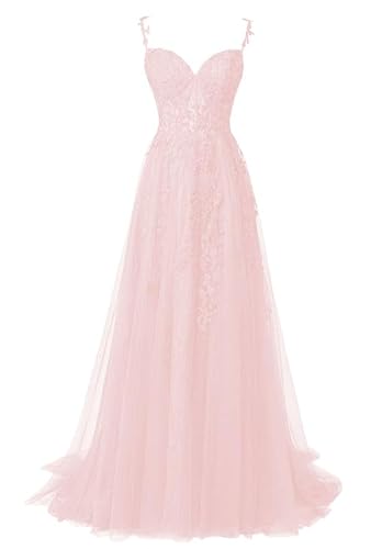 HUINI Damen Spitzen Ballkleider Lang Spaghettiträger Abendparty Kleid für Damen Schlitz Prinzessin Promkleid Rosa 32 von HUINI