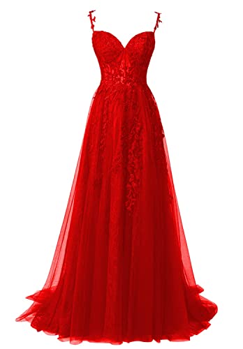 HUINI Damen Spitzen Ballkleider Lang Spaghettiträger Abendparty Kleid für Damen Schlitz Prinzessin Promkleid Rot 46 von HUINI