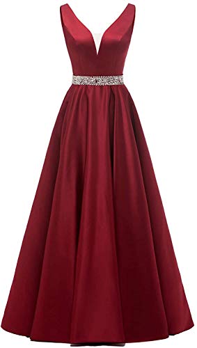 HUINI Damen V-Ausschnitt Abendkleider Satin Elegant Brautjungfernkleider Lang A-Linie Cocktailkleider Ballkleider Prinzessin Lang Hochzeitsgast Kleid Burgund 46 von HUINI