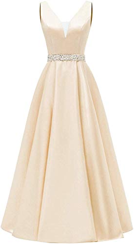 HUINI Damen V-Ausschnitt Abendkleider Satin Elegant Brautjungfernkleider Lang A-Linie Cocktailkleider Ballkleider Prinzessin Lang Hochzeitsgast Kleid Champagner 42 von HUINI