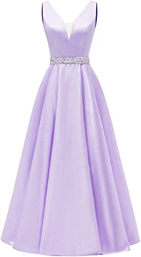 HUINI Damen V-Ausschnitt Abendkleider Satin Elegant Brautjungfernkleider Lang A-Linie Cocktailkleider Ballkleider Prinzessin Lang Hochzeitsgast Kleid Flieder 40 von HUINI