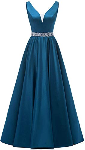 HUINI Damen V-Ausschnitt Abendkleider Satin Elegant Brautjungfernkleider Lang A-Linie Cocktailkleider Ballkleider Prinzessin Lang Hochzeitsgast Kleid Türkisblau 48 von HUINI