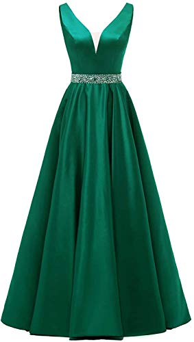 HUINI Damen V-Ausschnitt Abendkleider Satin Elegant Lang Ärmellos Cocktailkleider Ballkleider Prinzessin Lang Hochzeitsgast Kleid Festkleid A-Linie Lang Rückenfrei Grün 40 von HUINI