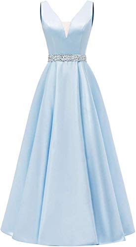 HUINI Damen V-Ausschnitt Abendkleider Satin Elegant Lang Ärmellos Cocktailkleider Ballkleider Prinzessin Lang Hochzeitsgast Kleid Festkleid A-Linie Lang Rückenfrei Himmelblau 52 von HUINI