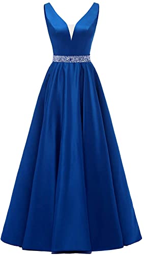 HUINI Damen V-Ausschnitt Abendkleider Satin Elegant Lang Ärmellos Cocktailkleider Ballkleider Prinzessin Lang Hochzeitsgast Kleid Festkleid A-Linie Lang Rückenfrei Königsblau 40 von HUINI