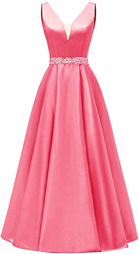 HUINI Damen V-Ausschnitt Abendkleider Satin Elegant Lang Ärmellos Cocktailkleider Ballkleider Prinzessin Lang Hochzeitsgast Kleid Festkleid A-Linie Lang Rückenfrei Koralle 36 von HUINI