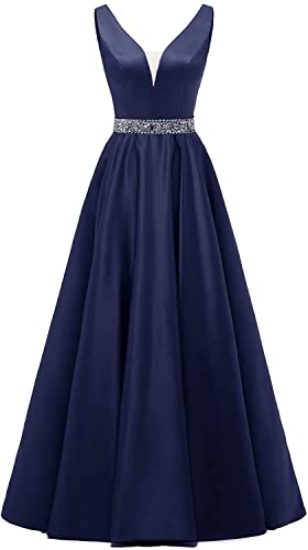 HUINI Damen V-Ausschnitt Abendkleider Satin Elegant Lang Ärmellos Cocktailkleider Ballkleider Prinzessin Lang Hochzeitsgast Kleid Festkleid A-Linie Lang Rückenfrei Marineblau 42 von HUINI