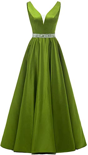 HUINI Damen V-Ausschnitt Abendkleider Satin Elegant Lang Ärmellos Cocktailkleider Ballkleider Prinzessin Lang Hochzeitsgast Kleid Festkleid A-Linie Lang Rückenfrei Olive 56 von HUINI