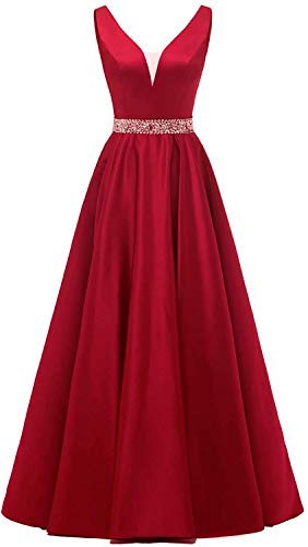 HUINI Damen V-Ausschnitt Abendkleider Satin Elegant Lang Ärmellos Cocktailkleider Ballkleider Prinzessin Lang Hochzeitsgast Kleid Festkleid A-Linie Lang Rückenfrei Rot 46 von HUINI