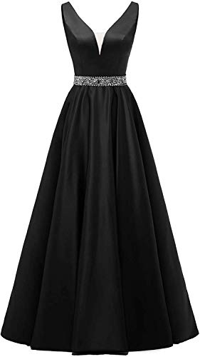 HUINI Damen V-Ausschnitt Abendkleider Satin Elegant Lang Ärmellos Cocktailkleider Ballkleider Prinzessin Lang Hochzeitsgast Kleid Festkleid A-Linie Lang Rückenfrei Schwarz 42 von HUINI