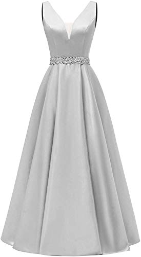 HUINI Damen V-Ausschnitt Abendkleider Satin Elegant Lang Ärmellos Cocktailkleider Ballkleider Prinzessin Lang Hochzeitsgast Kleid Festkleid A-Linie Lang Rückenfrei Silber 38 von HUINI