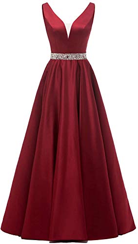 HUINI Damen V-Ausschnitt Abendkleider Satin Elegant Lang Ärmellos Cocktailkleider Ballkleider Prinzessin Lang Hochzeitsgast Kleid Festkleid A-Linie Lang Rückenfrei Weinrot 36 von HUINI