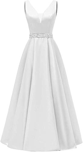 HUINI Damen V-Ausschnitt Abendkleider Satin Elegant Lang Ärmellos Cocktailkleider Ballkleider Prinzessin Lang Hochzeitsgast Kleid Festkleid A-Linie Lang Rückenfrei Weiß 36 von HUINI