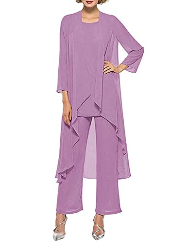 HUINI Dreiteilig Mutter der Braut Hosenanzug Chiffon Langarm Brautmutterkleid mit Jacke Formell Abendkleid Set für Hochzeit Hell violett 48 von HUINI