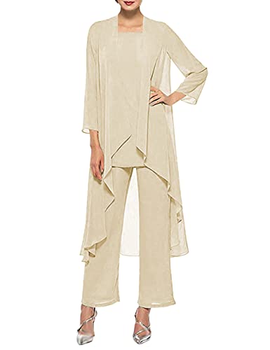 HUINI Dreiteilig Mutter der Braut Hosenanzug für Hochzeit Chiffon Langarm Brautmutterkleid mit Jacke Formell Abendkleid Set Champagner 44 von HUINI