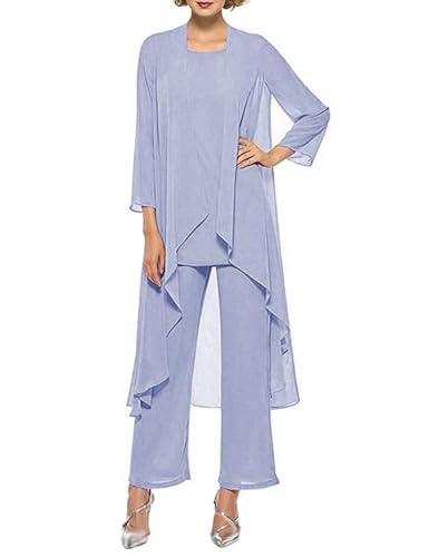 HUINI Dreiteilig Mutter der Braut Hosenanzug für Hochzeit Chiffon Langarm Brautmutterkleid mit Jacke Formell Abendkleid Set Lavendel 38 von HUINI