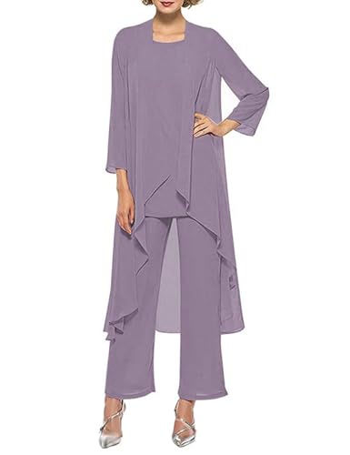 HUINI Dreiteilig Mutter der Braut Hosenanzug für Hochzeit Chiffon Langarm Brautmutterkleid mit Jacke Formell Abendkleid Set Mauve 40 von HUINI