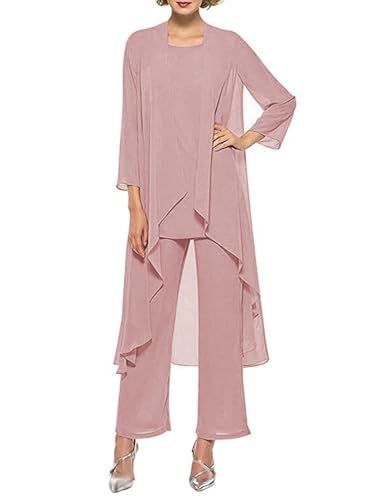 HUINI Dreiteilig Mutter der Braut Hosenanzug für Hochzeit Chiffon Langarm Brautmutterkleid mit Jacke Formell Abendkleid Set Staubige Rose 50 von HUINI