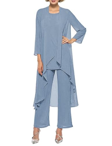 HUINI Dreiteilig Mutter der Braut Hosenanzug für Hochzeit Chiffon Langarm Brautmutterkleid mit Jacke Formell Abendkleid Set Staubiges Blau 46 von HUINI