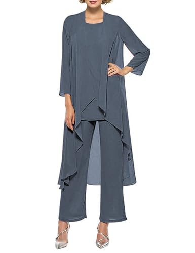 HUINI Dreiteilig Mutter der Braut Hosenanzug für Hochzeit Chiffon Langarm Brautmutterkleid mit Jacke Formell Abendkleid Set Stormy 48 von HUINI
