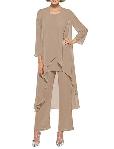 HUINI Dreiteilig Mutter der Braut Hosenanzug für Hochzeit Chiffon Langarm Brautmutterkleid mit Jacke Formell Abendkleid Set Taupe 48 HUINI Dreiteilig Mutter der Braut Hosenanzug für Hochzeit Chiffon Langarm Brautmutterkleid mit Jacke Formell Abendkleid Set Taupe 48 von HUINI
