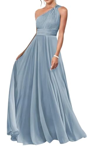 HUINI Ein-Schulter Chiffon Brautjungfernkleid Lang Elegant Hochzeitsgast Kleid für Damen Grau-blau 38 von HUINI