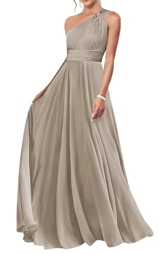 HUINI Ein-Schulter Chiffon Brautjungfernkleid Lang Elegant Hochzeitsgast Kleid für Damen Taupe 38 von HUINI