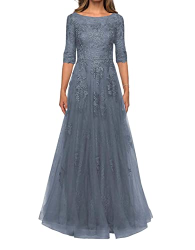 HUINI Elegant Brautmutterkleider mit Ärmel Spitzen Abendkleid Lang Festliche Ballkleid Schmutzigblau 48 von HUINI