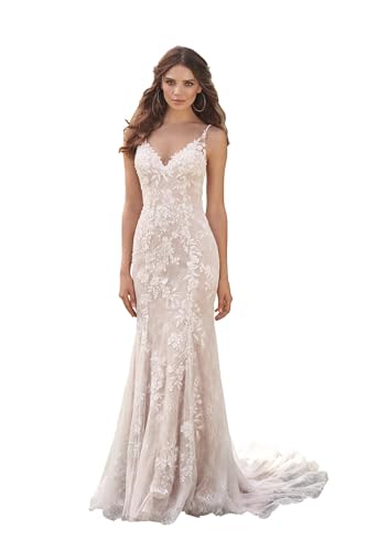 HUINI Floral Lace Hochzeitskleid Spaghetti-Träger Meerjungfrau Strand Hochzeitskleid für Braut Braut Brautkleid Elfenbein 42 von HUINI