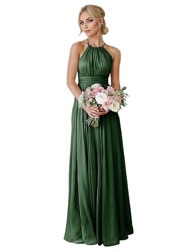 HUINI Hochzeit Brautjungfernkleider Lang Chiffon - Elegant Abendparty Kleid Hochzeitsgast Kleid ohne Ärmel Dunkel grün 54 von HUINI