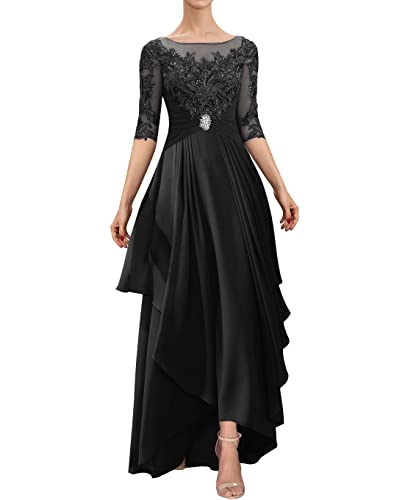 HUINI Hochzeit Gast Kleid Lang Chiffon Formell Abendkleid für Mollige A-Linie Langarm Brautmutterkleid Schwarz 42 von HUINI