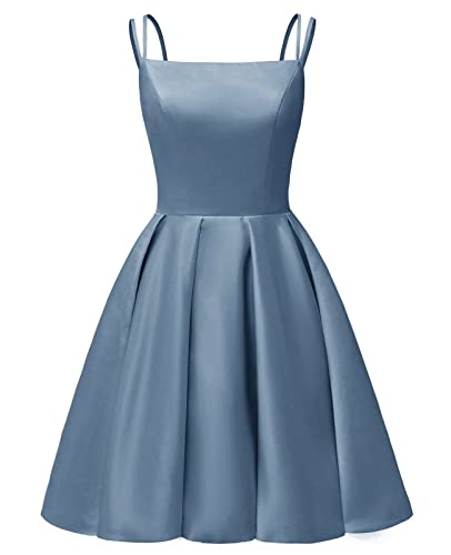 HUINI Kurz Abiballkleid Satin Spaghettiträger Cocktailkleid Formal A-Linie Ballkleid Altblau 32 von HUINI