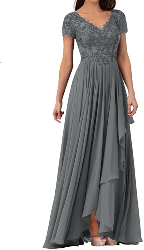 HUINI Kurzärmelige Mutter des Bräutigams Kleider mit Schlitz Chiffon Spitze Brautjungfernkleid Langes Formelles Kleid Grau 38 von HUINI