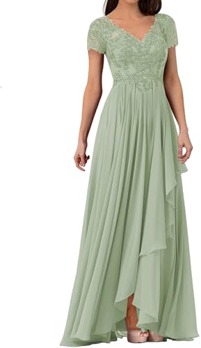 HUINI Kurzärmelige Mutter des Bräutigams Kleider mit Schlitz Chiffon Spitze Brautjungfernkleid Langes Formelles Kleid Grün Grau 46 von HUINI