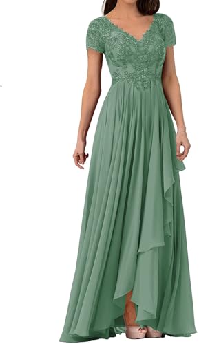 HUINI Kurzärmelige Mutter des Bräutigams Kleider mit Schlitz Chiffon Spitze Brautjungfernkleid Langes Formelles Kleid Pastellgrün 44 von HUINI