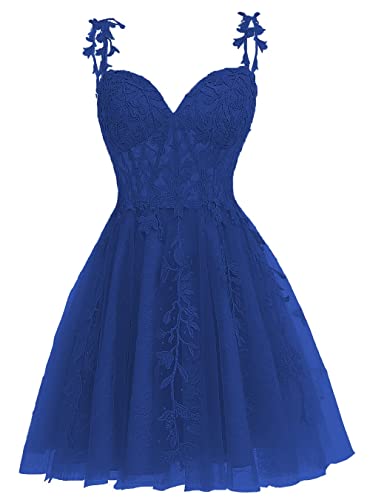 HUINI Kurzes Spitzen-Abschlussballkleid Spaghetti-Träger A-Linie Ballkleider Tüll Cocktail Party Kleid Königsblau 52 von HUINI
