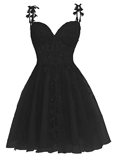 HUINI Kurzes Spitzen-Abschlussballkleid Spaghetti-Träger A-Linie Ballkleider Tüll Cocktail Party Kleid Schwarz 58 HUINI Kurzes Spitzen-Abschlussballkleid Spaghetti-Träger A-Linie Ballkleider Tüll Cocktail Party Kleid Schwarz 58 von HUINI