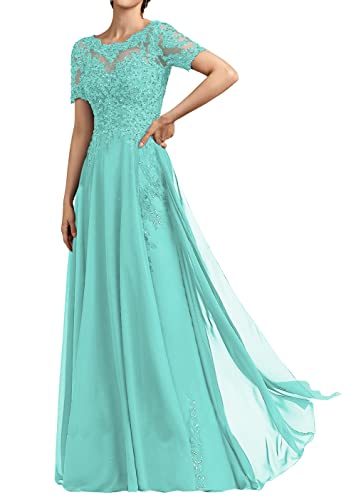 HUINI Lang Abendkleid Chiffon Elegant Hochzeit Gast Kleid mit Ärmel Festliche Spitzenkleid Große Größen Türkis 36 von HUINI