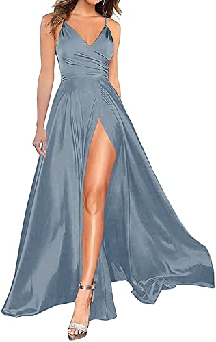 HUINI Lang Abendkleid Damen Satin Ballkleid für Hochzeit Strand Umstandskleid Groß Größen A-Linie Altblau 46 von HUINI
