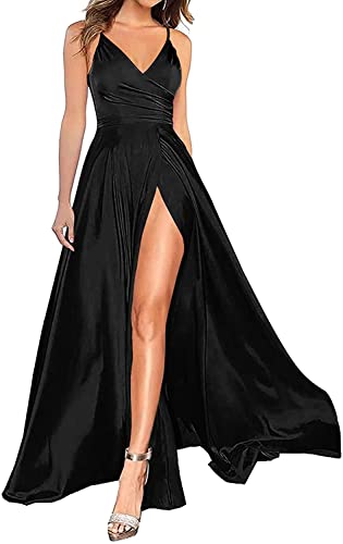 HUINI Lang Abendkleid Damen Satin Ballkleid für Hochzeit Strand Umstandskleid Groß Größen A-Linie Schwarz 46 von HUINI