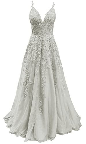 HUINI Lang Ballkleid Damen Glitzer Abendkleid Hochzeitskleid Tüll Standesamtkleid A-Linie Rückenfrei Silber 34 von HUINI