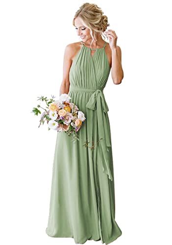 HUINI Lang Brautjungfernkleid Chiffon Schlicht Elegant Hochzeitsgast Kleid Große Größen für Mollige Hell Salbei 38 von HUINI